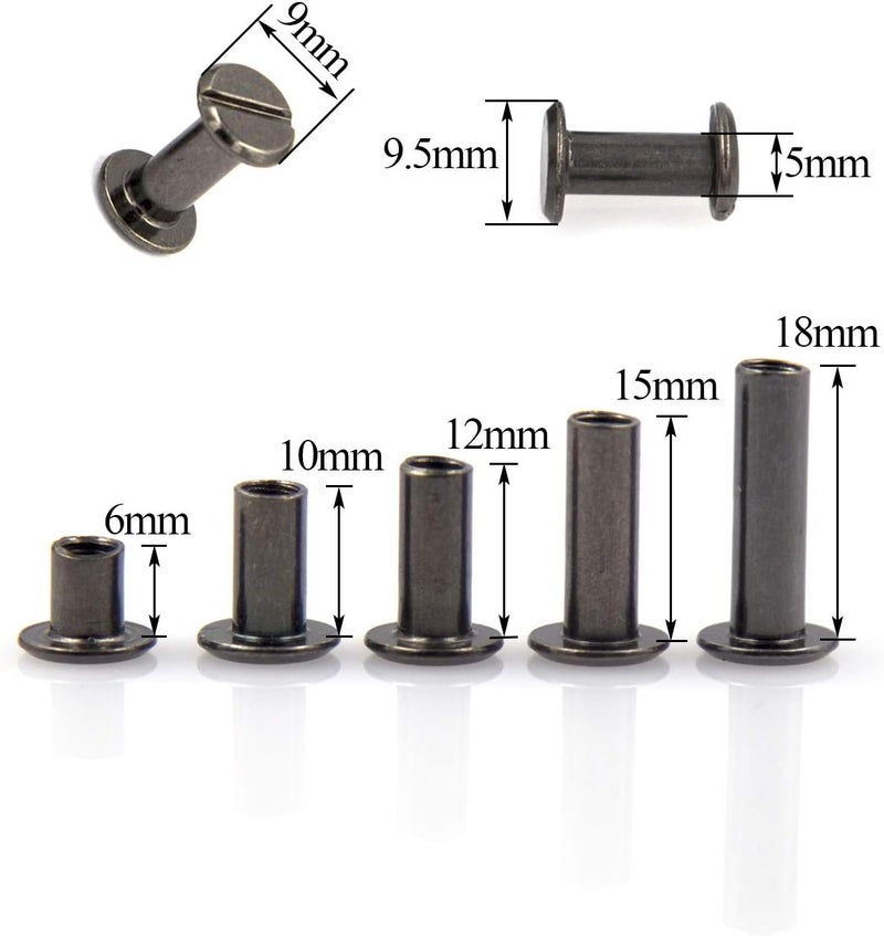 ALLOYPRO 90 Set Chicago Screws Assorted Kit 5 Size GunMetal Leather Rivet 5mm Screw Rivets Flat Fillister Book Bingding Post Nail Rivet Chicago Bolt for DIY Leather Craft Bookbinding (6,10,12,15,18mm) - Image 2
